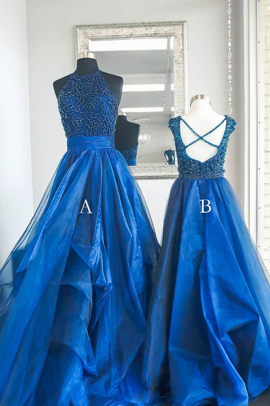 Blue High Neck Tulle Beaded Long Prom Dress Blue Evening Dress