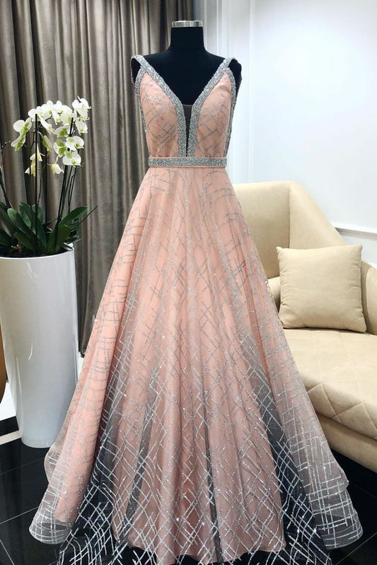 Unique V-Neck Pink Tulle Long Prom Dress Pink Evening Dress