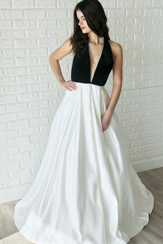 Simple White V-Neck Satin Long Prom Dress White Evening Dress