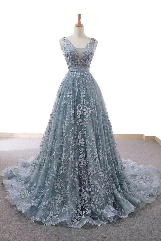 Gray Blue Tulle Lace Long Prom Dress Blue Evening Dress