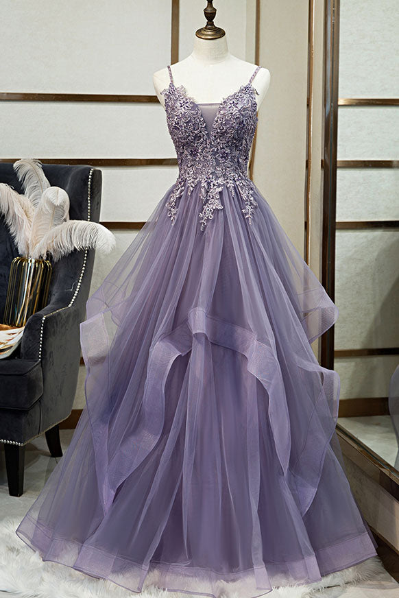 Unique V-Neck Tulle Lace Long Prom Dress Tulle Lace Formal Dress