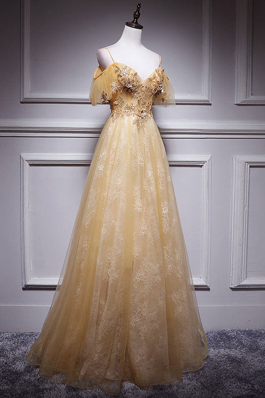 Champagne Tulle Lace Long Prom Dress Champagne Evening Dress