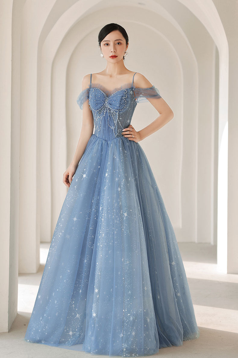 Blue Sweetheart Neck Tulle Beaded Long Prom Dress Blue Evening Dress