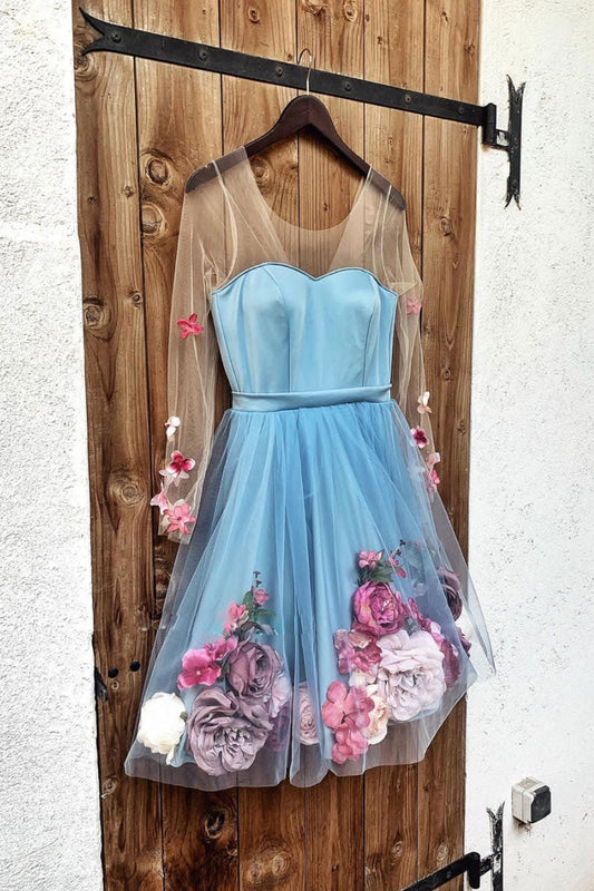 Blue V-Neck Tulle Short Prom Dress Blue Homecoming Dress