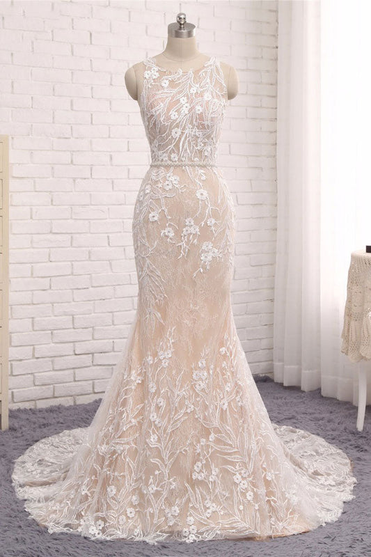 Unique Round Neck Lace Mermaid Long Evening Dress Wedding Dress