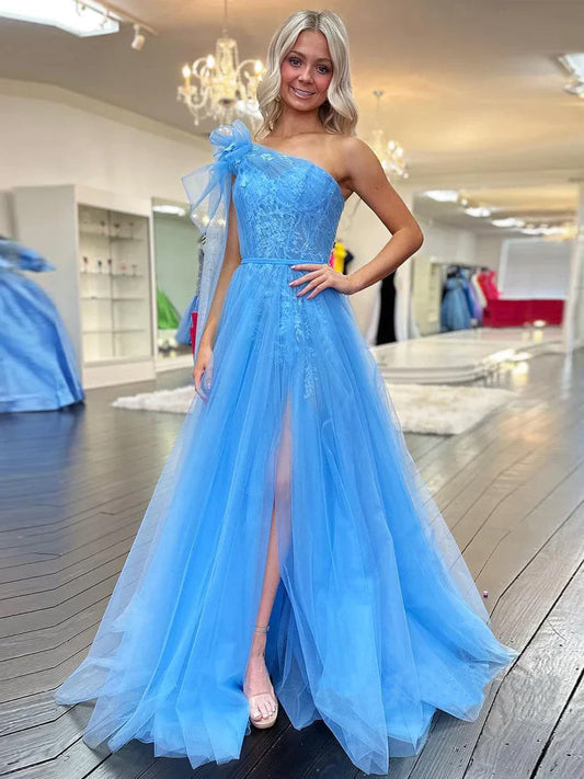 Ximena Dressystars  Cute A Line One Shoulder Blue Tulle Material Elegant Prom Dress with Delicate Appliques