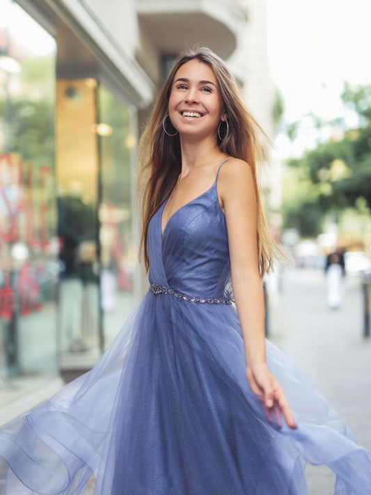 Blue V-Neck Tulle Long Prom Dress Blue Tulle Evening Dress