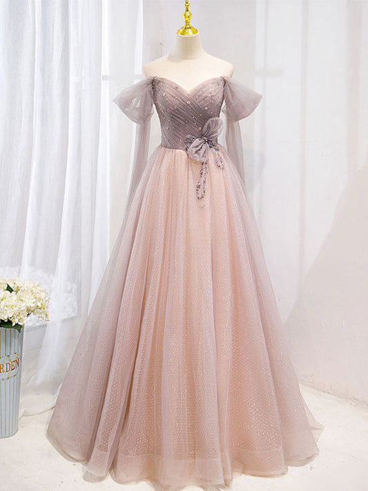 Pink Tulle Off-Shoulder Long Prom Dress Pink Tulle Formal Gown