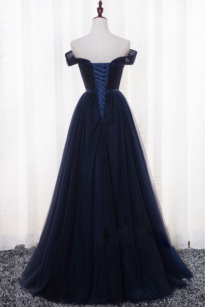 Simple Dark Blue Tulle Long Prom Dress Dark Blue Evening Dress