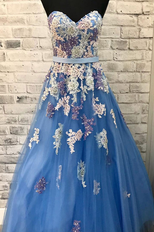 Blue Sweetheart Neck Tulle Lace Long Prom Dress Blue Evening Dress