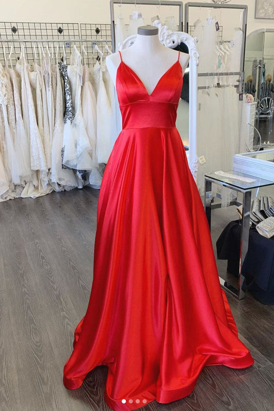 Red V-Neck Satin Long Prom Dress Red Long Formal Dress