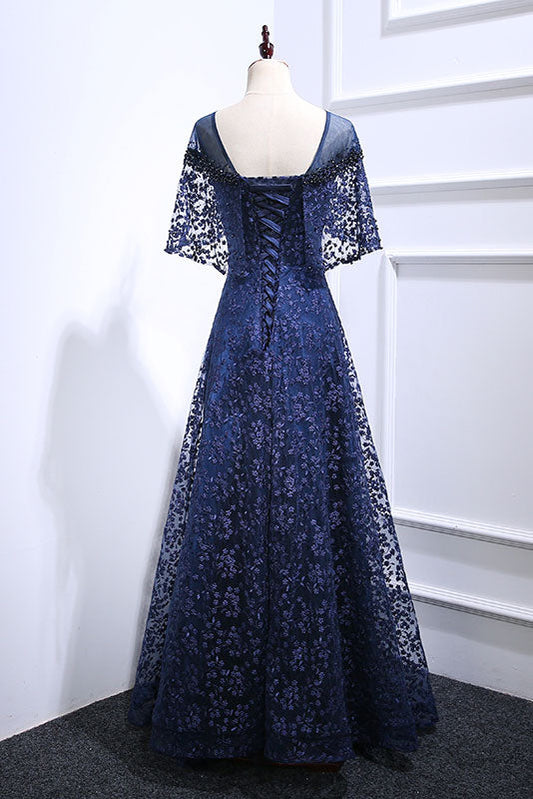 Dark Blue Tulle Lace Long Prom Dress Blue Tulle Evening Dress