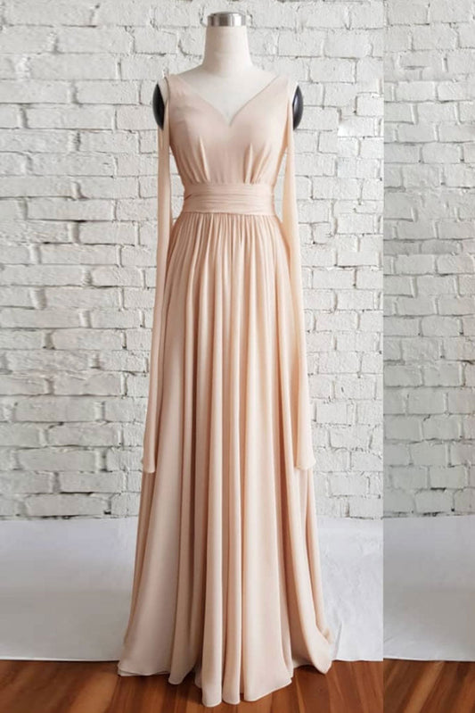 Simple V-Neck Chiffon Long Prom Dress Champagne Evening Dress