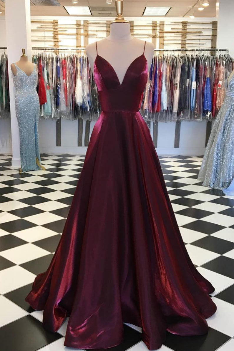 Simple V-Neck Satin Burgundy Long Prom Dress Burgundy Evening Dress