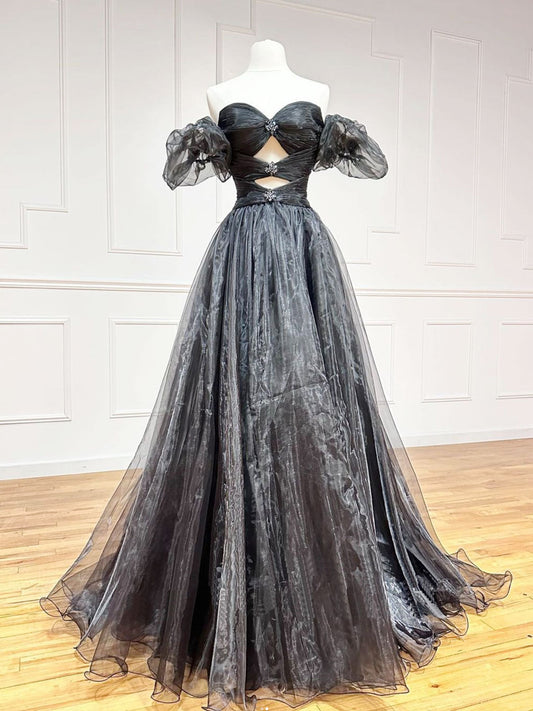 Black A-Line Organza Long Prom Dress Black Formal Evening Dress