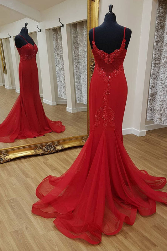 Red Sweetheart Lace Mermaid Long Prom Dress Red Evening Dress