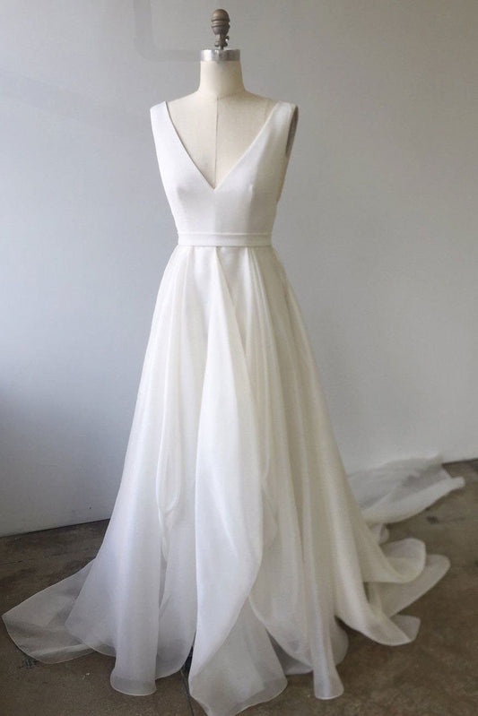 White V-Neck Chiffon Long Prom Dress White Evening Dress