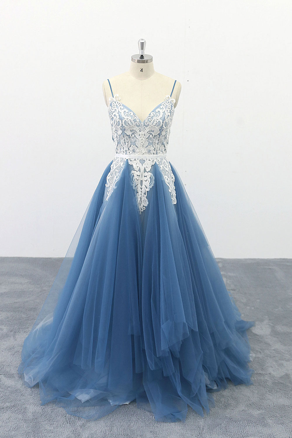 Blue V-Neck Tulle Lace Long Prom Dress Blue Lace Evening Dress