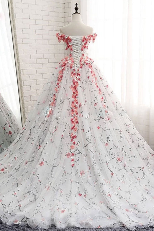 White Tulle 3D Appliqu¨¦ Long Prom Dress White Tulle Evening Dress