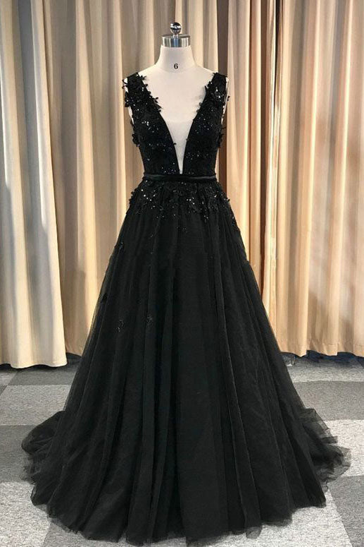 Black V-Neck Tulle Lace Long Prom Dress Black Tulle Evening Dress