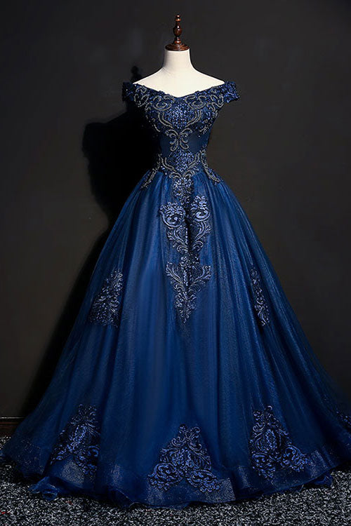 Blue V-Neck Tulle Beaded Long Prom Dress Blue Evening Dress