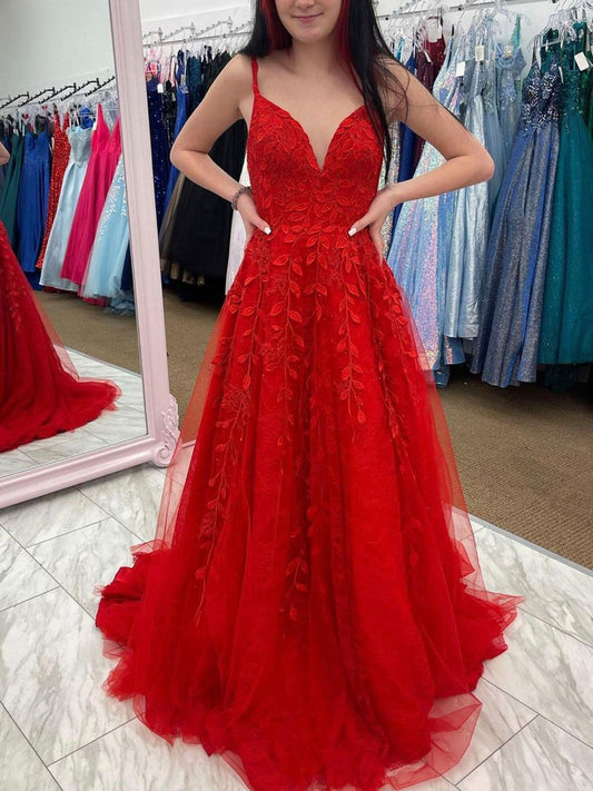 Burgundy V-Neck Tulle Lace Long Prom Dress Burgundy Tulle Formal Dress