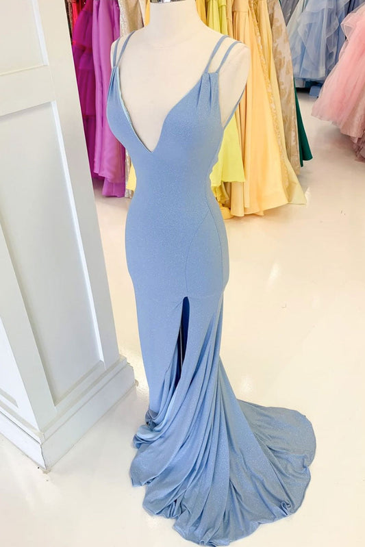 Simple V-Neck Mermaid Long Prom Dress Blue Long Evening Dress