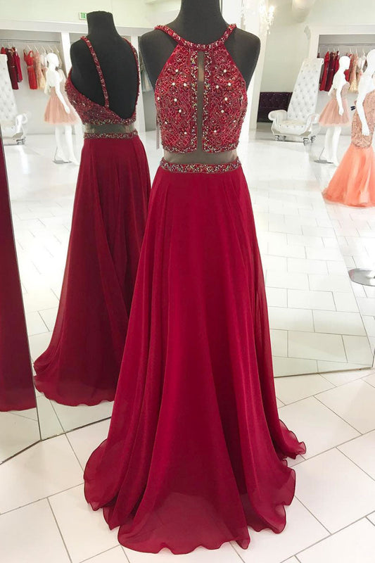 Burgundy Chiffon Beads Sequin Long Prom Dress Burgundy Evening Gown