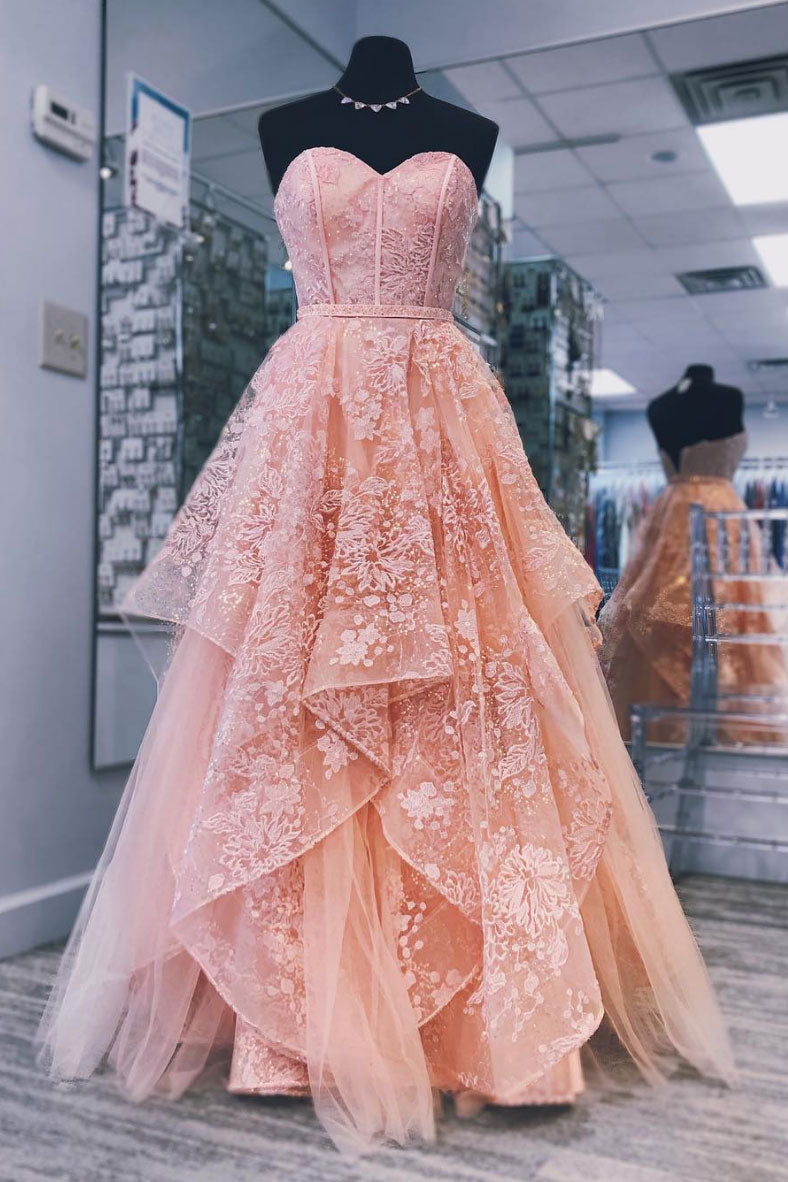 Pink Sweetheart Neck Tulle Lace Long Prom Dress Pink Evening Dress