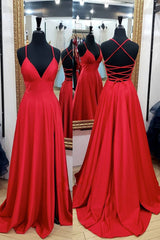 Red Satin V-Neck Long Prom Dress Red Long Evening Gown