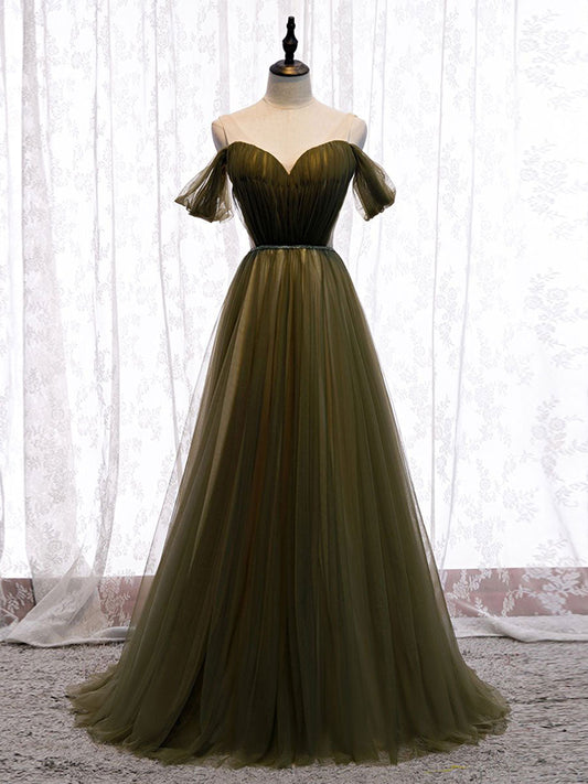 Simple Sweetheart Tulle Green Long Prom Dress Green Evening Dress