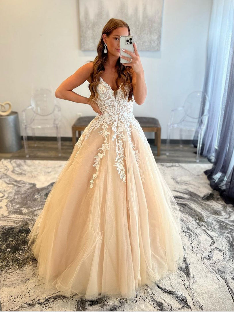 Champagne V-Neck Tulle Lace Long Prom Dress Champagne Evening Dress