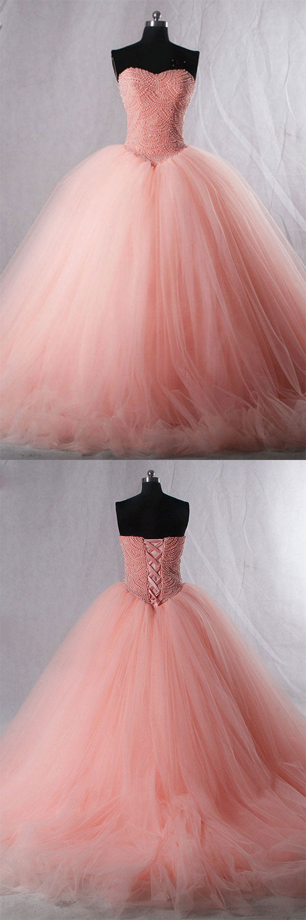 Pink Sweetheart Neck Tulle Beaded Long Prom Dress Pink Evening Dress