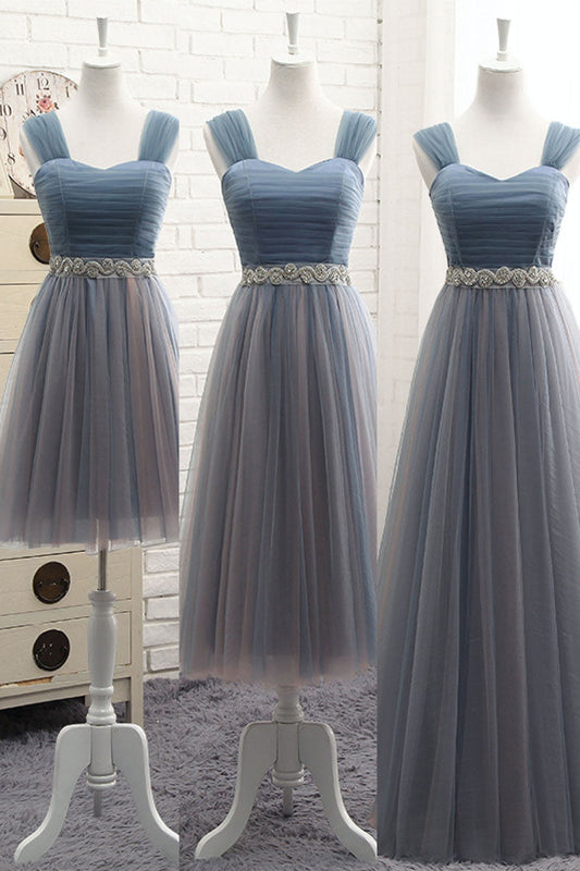 Simple V-Neck Tulle Gray Blue Prom Dress Tulle Bridesmaid Dress