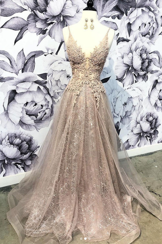 Champagne V-Neck Tulle Lace Long Prom Dress Champagne Tulle Evening Dress