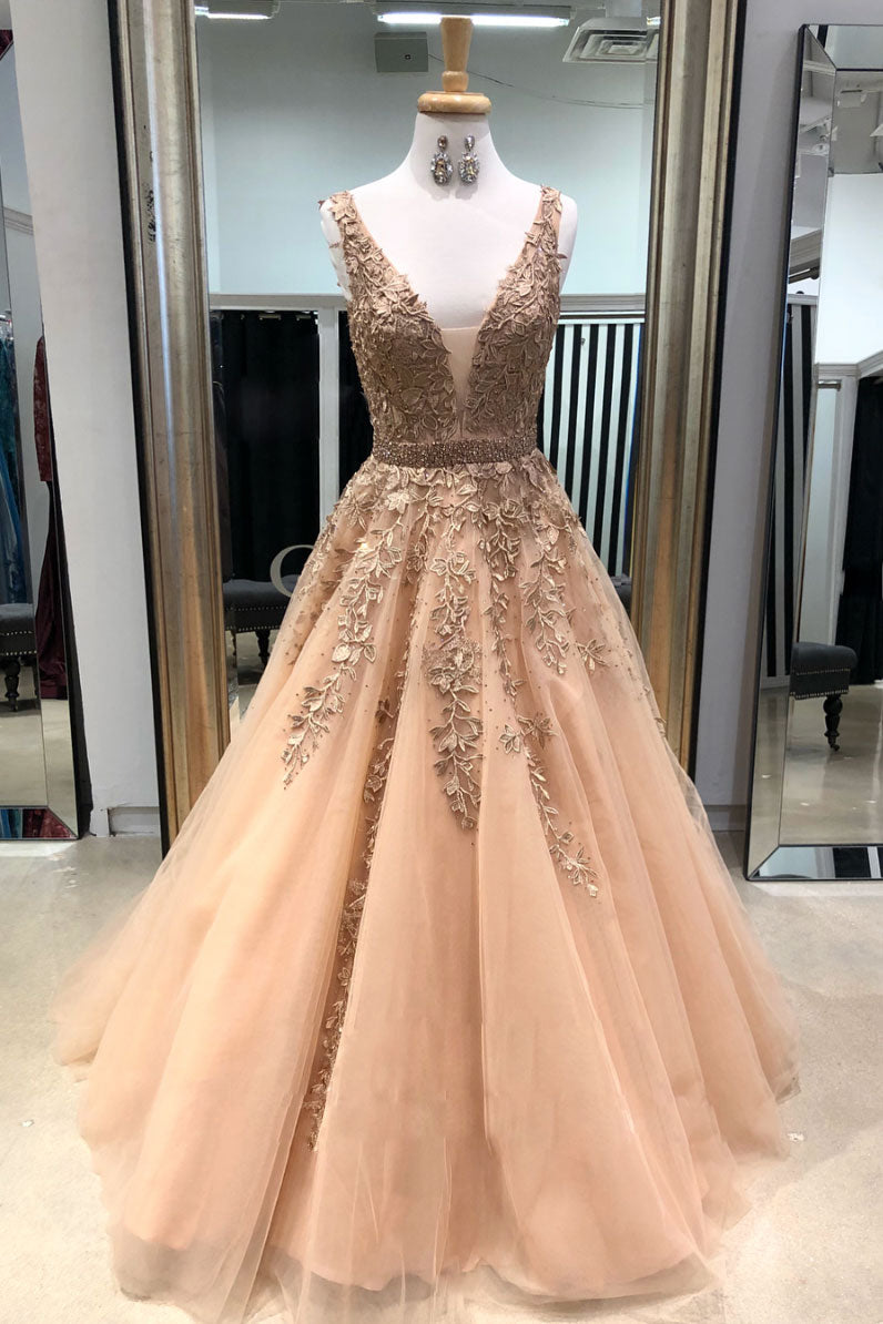 Champagne V-Neck Tulle Lace Applique Long Prom Dress Champagne Evening Dress