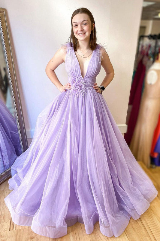 Purple V-Neck Tulle Long Prom Dress Purple Evening Dress