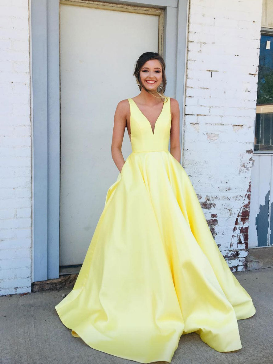 Simple V-Neck Satin Long Prom Dress Yellow Evening Dress