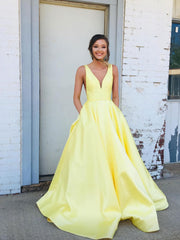 Simple V-Neck Satin Long Prom Dress Yellow Evening Dress