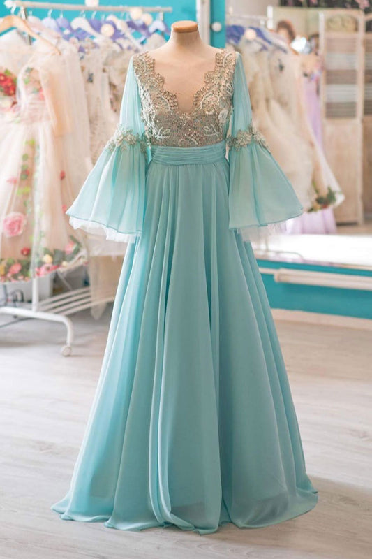 Unique V-Neck Chiffon Lace Long Prom Dress Evening Gown