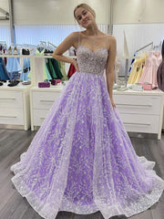 Purple Sweetheart Neck Tulle Sequin Long Prom Dress Purple Evening Dress