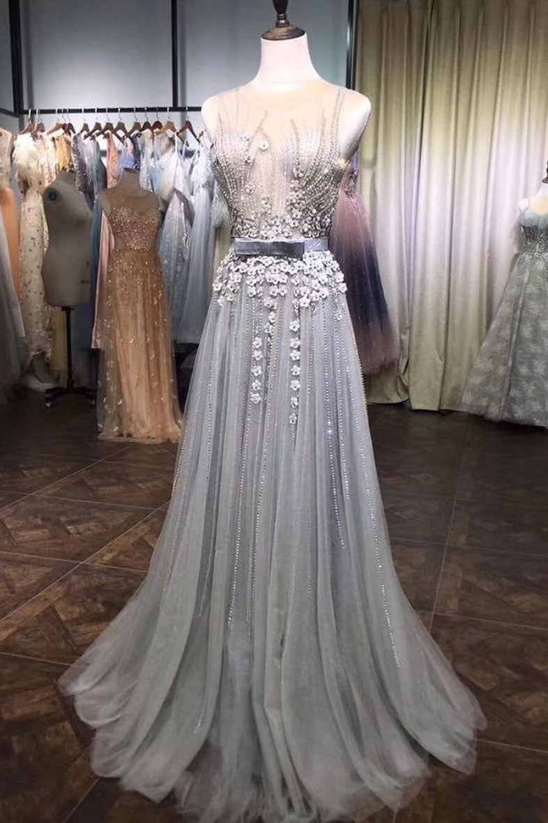 Gray Tulle Lace Beaded Long Prom Dress Gray Tulle Evening Dress