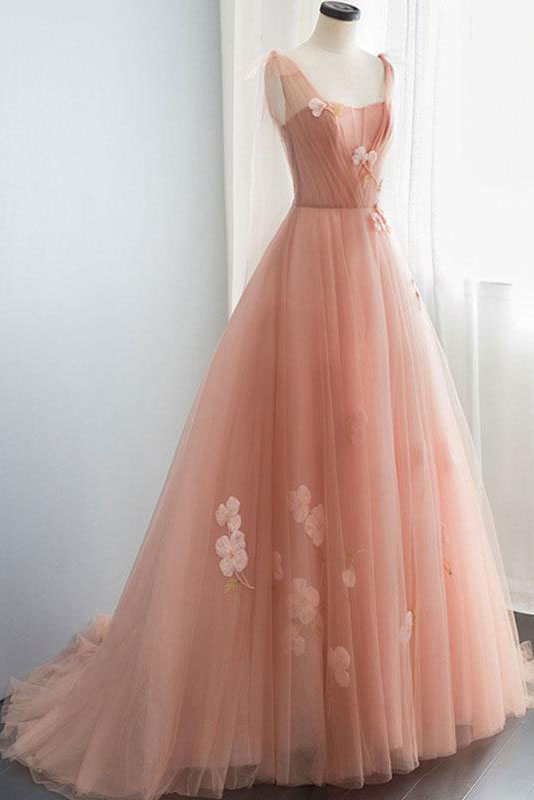 Pink Tulle Long Prom Dress Pink Tulle Evening Dress