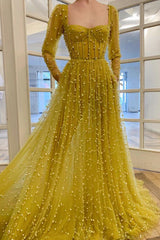 Yellow Tulle Beads Long Prom Dress Tulle Long Formal Dress