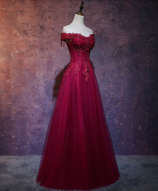 Burgundy Off-Shoulder Lace Long Prom Dress Burgundy Evening Dress