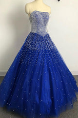 Blue Sweetheart Tulle Beaded Long Prom Dress Blue Tulle Evening Dress