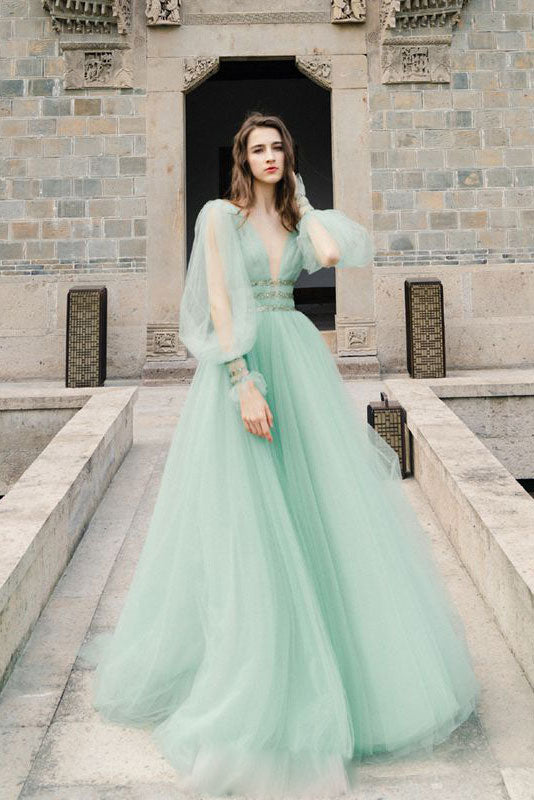 Green V-Neck Tulle Long Prom Dress Green Evening Dress