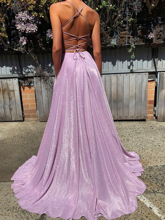 Simple V-Neck Satin Long Prom Dress Purple Long Evening Dress