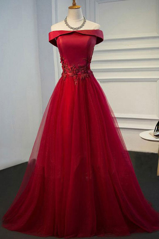 Burgundy Off-Shoulder Lace Long Prom Dress Burgundy Evening Dress