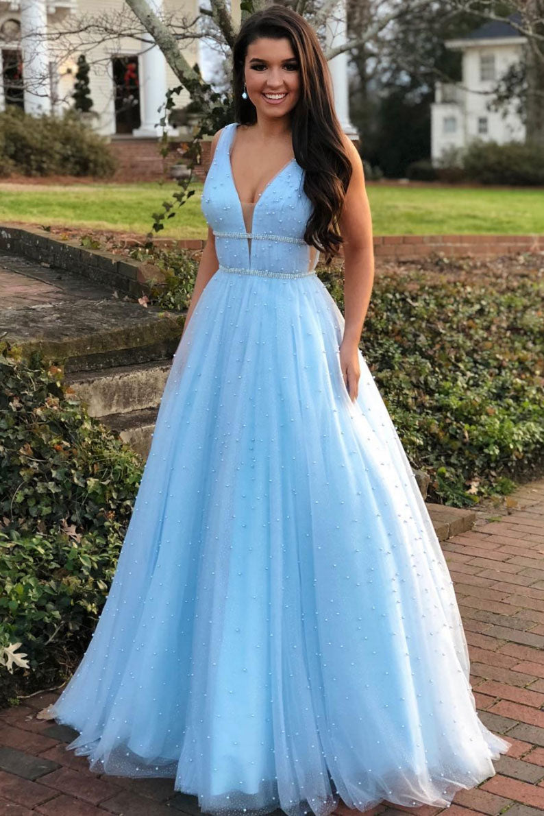 Blue V-Neck Tulle Long Prom Dress Blue Tulle Evening Gown